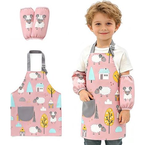 Set composto da grembiule e maniche regolabili e impermeabili per bambini. Grembiule da cucina con tasche per bambini e bambine, ideale per cucinare, preparare dolci, dipingere e fare giardinaggio. (1/5)