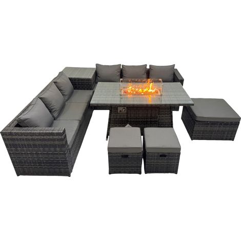 Fimous 9 Seater Garden Outdoor Rattan Furniture Set Patio Corner Sofa Gas Firepit Dining Table with Side Table 3 Stools Dark Grey (1/5)