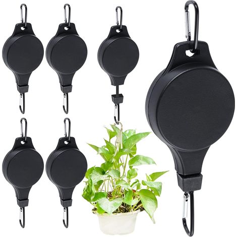 Juego de 6 soportes para plantas colgantes, 21 x 7,5 cm, gancho retráctil con trinquete, color negro, plástico, gancho extensible, gancho de jardín, altura ajustable, para plantas colgantes. (1/5)
