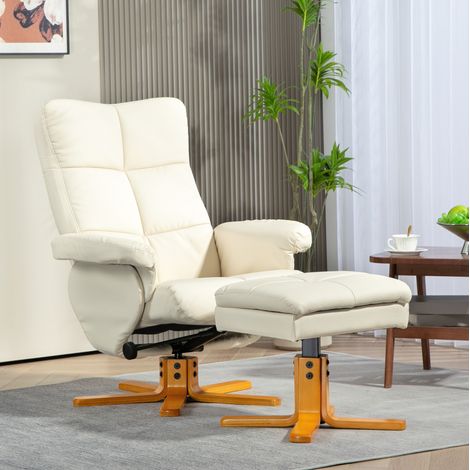 Relaxsessel mit Hocker 80x86x99 cm Cremeweiß aus Holz mit Stauraum, 360° Drehung und Liegefunktion (1/5)
