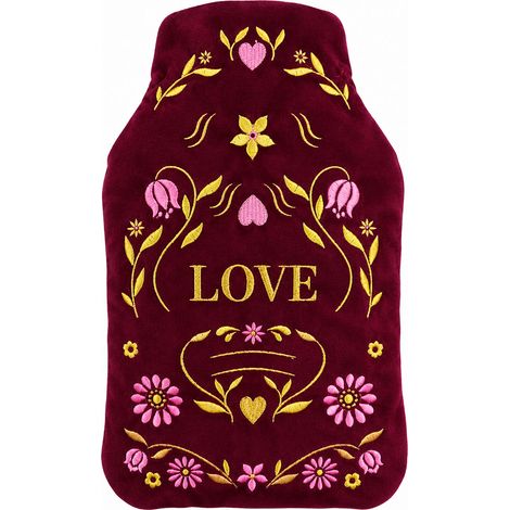 Bouillotte à eau velours brodé Love bordeaux 27 cm (1/2)
