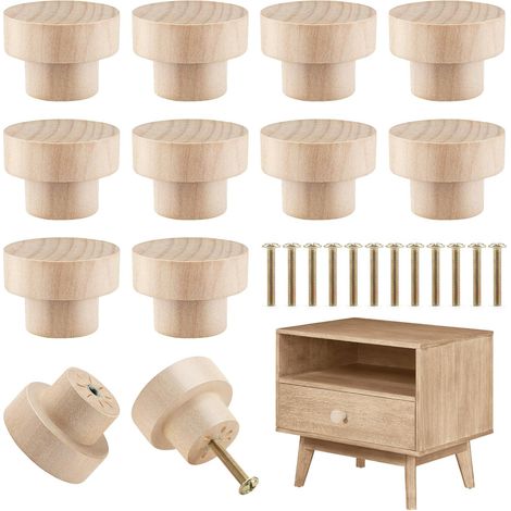12 Stück Holzgriffe – Runder Möbelknopf 30 x 25 mm – Türknopf für Küche, Schublade mit Schrauben – Holzschrankknöpfe für Schränke