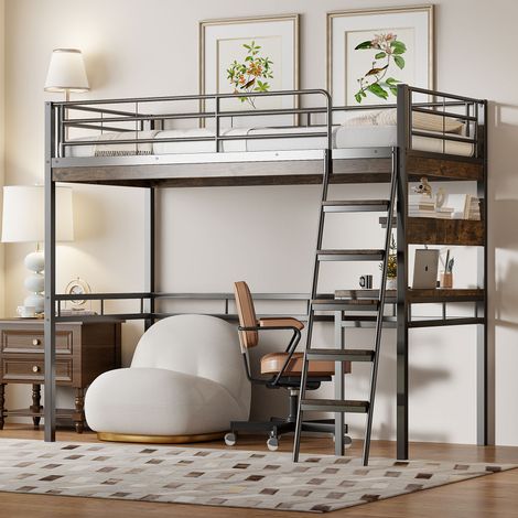 Lit mezzanine moderne en métal noir 90x200 cm avec bureau, étagères, échelle et garde-corps
