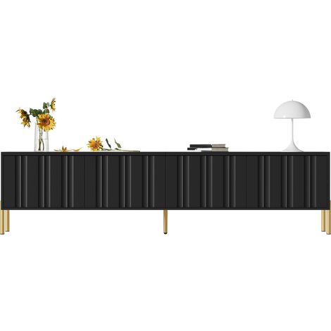 Meuble TV noir 190 cm avec 4 portes, 8 niches, piétement doré de 15 cm et façade striée, rangement spacieux pour salon moderne, facile à nettoyer  CHICFURN (1/5)