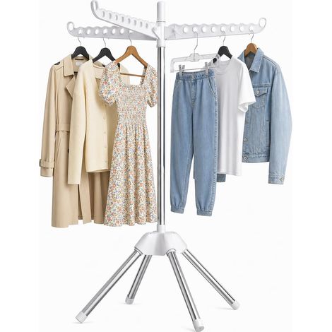 Étendoir à linge pliable avec 3 bras rotatifs pour cintres, 4 pieds pour l'intérieur et l'extérieur (1/5)