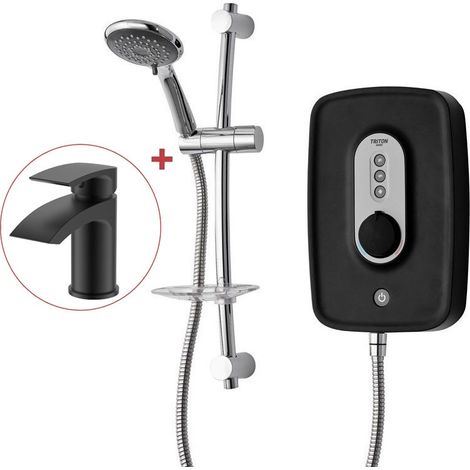 Triton Danzi Matt Black 8.5kW Electric Shower + Riser RP Perea Aquasurge + Tap