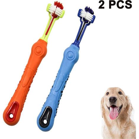 Lot de 2 ou 4 brosses à dents 3 faces pour chiens et chats : soin complet de la gueule, élimination du tartre et hygiène buccale. Brosse multi-angles. (1/4)