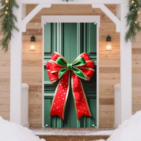 Décorations de Noël 2026 - Drapeaux, nœuds, décorations de Noël, rideaux de porte - 90 x 190 cm (taille élastique) - QL-15