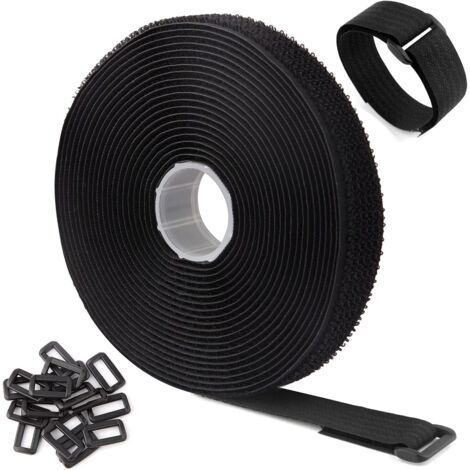 QORVA-Serre-câbles noirs réglables et réutilisables de 5 m avec 25 boucles et sangle auto-agrippante pour la gestion des câbles (5 m x 2 cm, noir) (1/5)