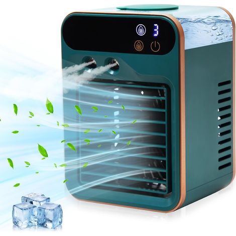 Climatiseur portable - Rechargeable 4000 mAh, trois vitesses, ventilateur de refroidissement par évaporation portable avec brumisateur pour la maison, la chambre, le bureau ou la voiture (vert) (1/5)