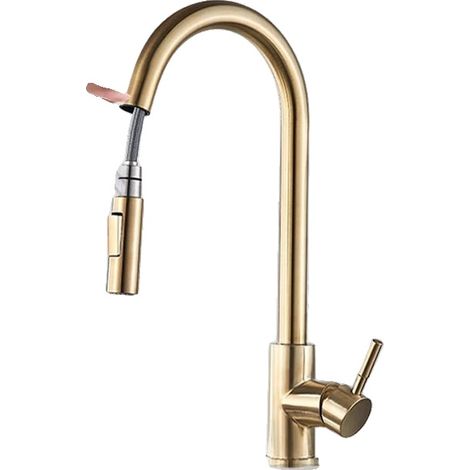 Grifo de cocina con rociador extraíble, diseño contemporáneo y sensor de oro cepillado. (1/2)