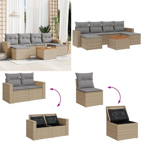 7-tlg. Garten-Sofagarnitur mit Kissen Beige Poly Rattan - Gartenmöbel Set - Outdoor Möbel - Rattan Gartenset - Lounge Set - Esstisch Set - Home & Living (1/5)