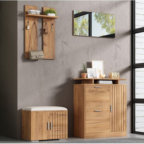 Vestiaire d’entrée avec banc à chaussures, miroir, 4 crochets, 5 portes, bois naturel (1/5)