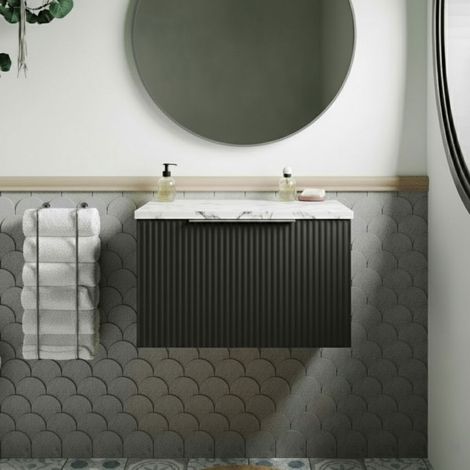 Hudson Reed Fluted Wall Hung 1-Drawer Vanity Unit with Carrera Marble Worktop 600mm Wide - Satin Anthracite (1/4)