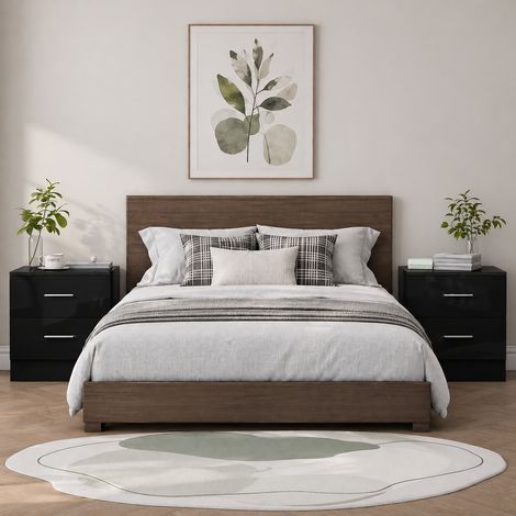Reflect 2 Drawer Bedside Bundle (2x) - Black Gloss & Black Oak - Modern Bedside