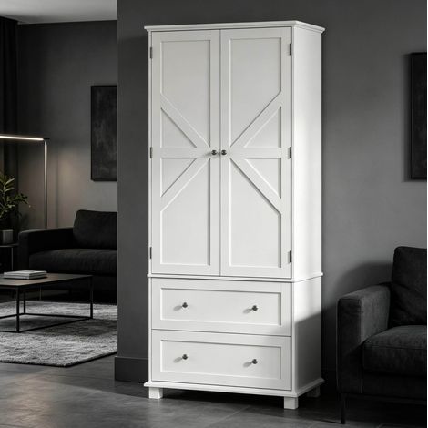 Colonne de cuisine 80x39,5x184,5 cm en MDF blanc, 2 portes 2 tiroirs, gain de place – MEUBLIV (1/5)