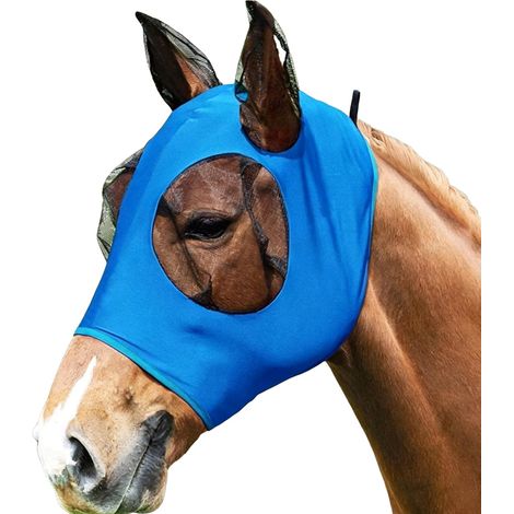 Masque anti-mouches pour cheval avec oreilles, en lycra extensible, protection UV, maille fine respirante et anti-insectes pour poney épi de cheval miniature (1/5)