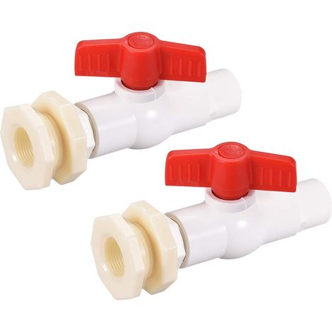 Kit de raccordement avec robinet à boisseau sphérique en PVC (G1/2) — Inclut un raccord traversant — Rouge et blanc — Adapté aux réservoirs d'eau (Lot de 2 pièces) (1/4)