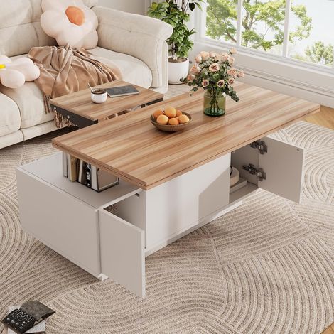 Table Basse Moderne avec Plateau Relevable, Table Basse Blanche et Bois avec Rangement et 2 Portes, Table d'appoint de Salon avec Plateau Pliable, Charge de 50kg, 100x55x52cm, Blanc et Brun (1/5)