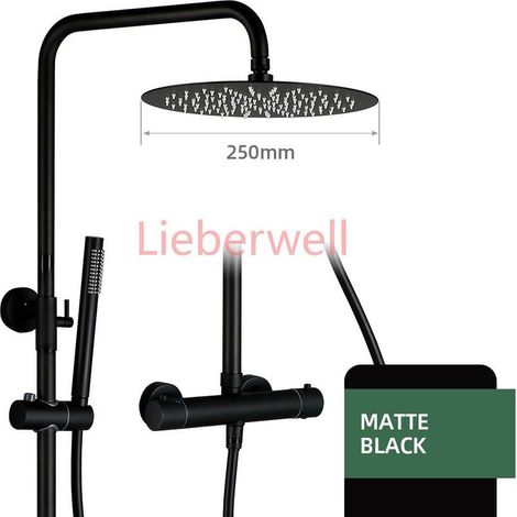 3338 Matte Smesiteli Black Thermostatic Shower Set Wall Mount Brass Rain Shower System 10 Inch (1/5)