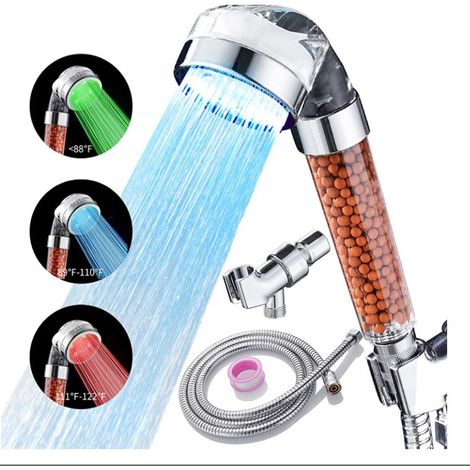 Soffione doccia a LED con filtro portatile, soffione doccia ad alta pressione che cambia colore con filtro, soffione doccia a risparmio idrico con tubo flessibile e base per pelle e capelli secchi (1/5)