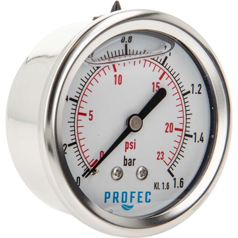 Profec Manometer 0 - 1,6 bar, Glyzeringefüllt, Ø 63 mm, 1/4 Zoll Anschluss nach hinten Axial, Überdruck-Manometer