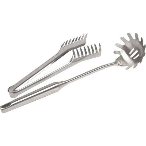 Set da 2 pezzi in acciaio inox per servire spaghetti, composto da pinze per pasta, forchetta e cucchiaio. (1/4)