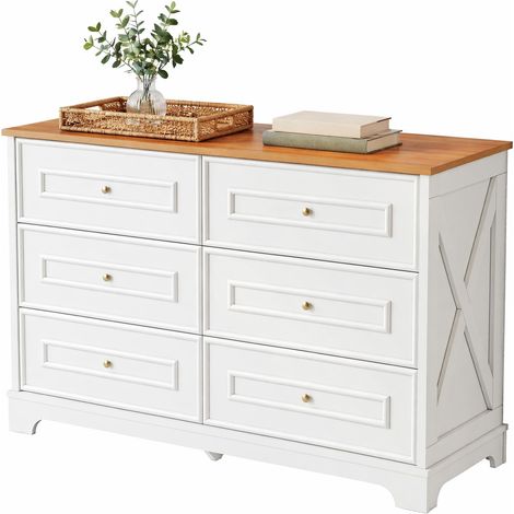 Sideboard 6 tiroirs blanc et bois clair, style maison de campagne avec motif grange, poignées dorées et large plateau, pour salon, salle à manger ou entrée  CHICFURN (1/5)