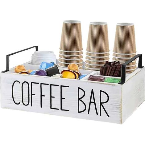Boîte de rangement rustique en bois pour machine à café, avec poignée blanche, pour dosettes d'expresso, sachets de thé et condiments. (1/5)