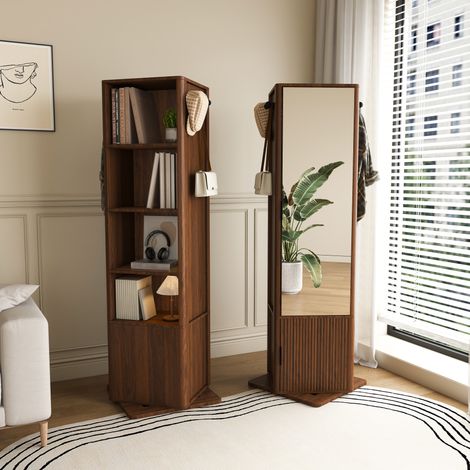360° drehbarer 4-in-1-Spiegel mit Schmuckaufbewahrung, MDF, Walnuss, 50 x 50 x 170 cm, OKMYHOME (1/5)