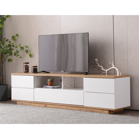 Meuble TV 180 cm en blanc avec effet bois et design bloc de couleur, Meuble sous TV moderne, 180x38x46cm
