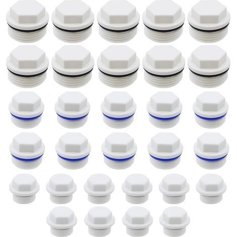 30 Stück Sanitärstopfen, 1/2, 3/4, 1 Zoll Kunststoff-Wasserzulaufstopfen, Kunststoffstopfen mit Außengewinde, Verschlusskappen mit Unterlegscheiben für Sanitärarmaturen (1/5)