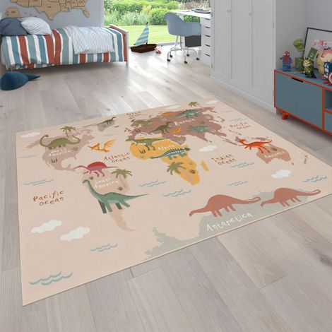 Paco Home Teppich Kinderzimmer Kinderteppich Dinosauriert Welt Rutschfest Beige Braun Grün 200 cm Rund