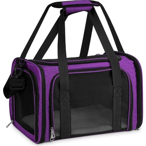 Sac de Transport Chat, avec Matelas Souple, Bandoulière Réglable, Design Pliable et Portable, Tissu en Maille pour la Ventilation, pour Chats et Chiots (Violet, L 43 × l 28 × H 28 cm) (1/5)