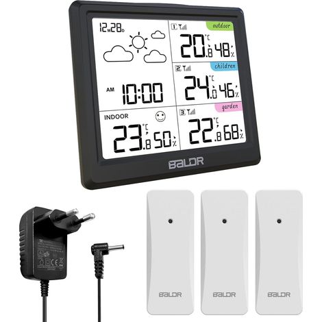 LEVIPE Wireless Weather Station, Thermometer Hygrometer Indoor Outdoor Barometer with 3 Sensors LED Screen Backlight Digital Clock Alarm and Snooze Display Time Date Day Black (1/5)