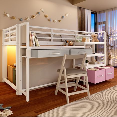 Lit mezzanine 90x200 cm avec bureau, rangements, tiroirs en tissu et LED multicolore métal blanc (1/5)