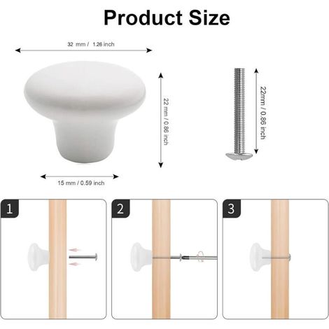 Pomelli per mobili in ceramica bianca in stile retrò – Set di 10 maniglie rotonde da 32 mm con viti (3 lunghezze) per armadi, cassetti e cucine