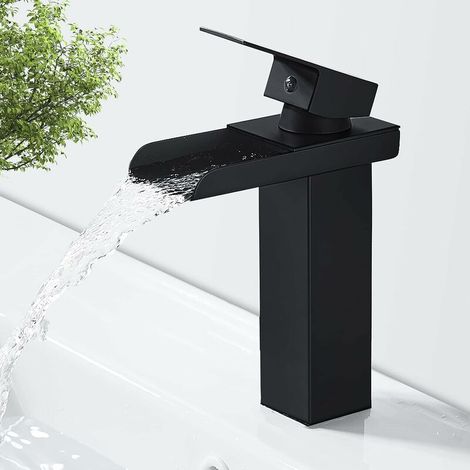 Robinet Salle Bain Cascade Noir Mat, Mitigeur Lavabo Robinet Lavabo en Laiton avec Eau Froide & Chaude Disponible, Valve en Céramique, Robinet Salle de Bain Design Cascade Concave, G 3/8 (1/5)