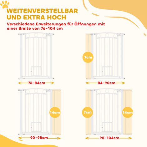 Barrière réglable 106 cm pour animaux, porte-chat intégrée, largeur adaptable, pour escaliers et cadres de porte, blanc