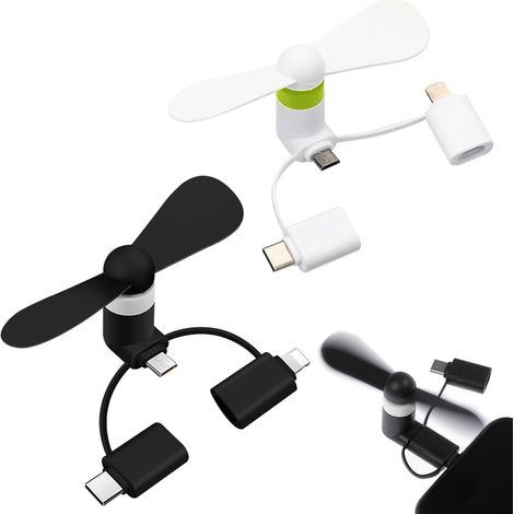 Mini Fan for Phone, 3 in 1 Silent Fan, Portable Mini USB, 2 Pieces (Black+White) (1/5)