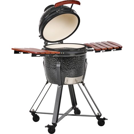 Barbacoa de carbón cerámica con ruedas para exteriores con tapa y termómetro parrilla de cocción negro Kamado