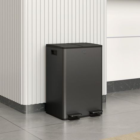 Poubelle de cuisine 2 compartiments de 2 x 28L, acier inoxydable, couvercle à fermeture douce, 45,8x36x67,6cm, noir (1/5)