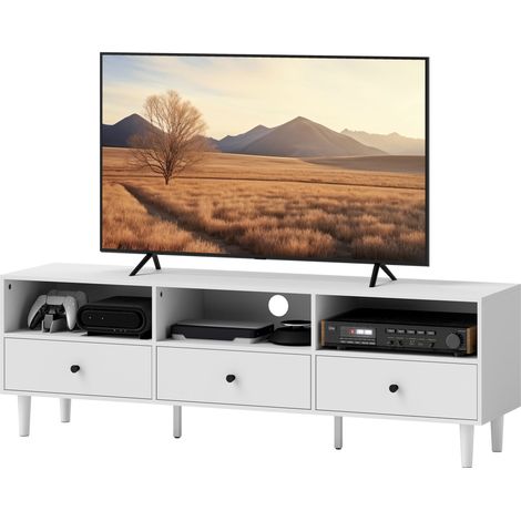 Meuble TV pour écrans de 75 pouces, 3 compartiments ouverts, 3 tiroirs, panneaux de particules, blanc