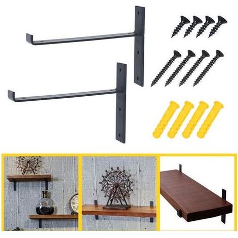 Lntyq 2 Pièces Support D'Étagère Tenture Murale,Support Équerre Étagère en Métal,Supports à Angle Droit Mural en T,Equerre Etagere Industrielle Mural,Largeur 3 cm,avec Vis,Noir(20cm) (1/4)