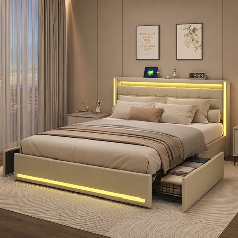 Lit double 140x200 cm avec 4 tiroirs, tête de lit capitonnée avec LED RGB et ports usb type-c, Tissu en lin, Beige (1/5)