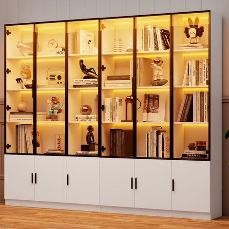 Vitrine 240x32x200 cm, Hochschrank mit 12 Türen, LED-Beleuchtung per App, MDF und Glas, Weiß (1/5)