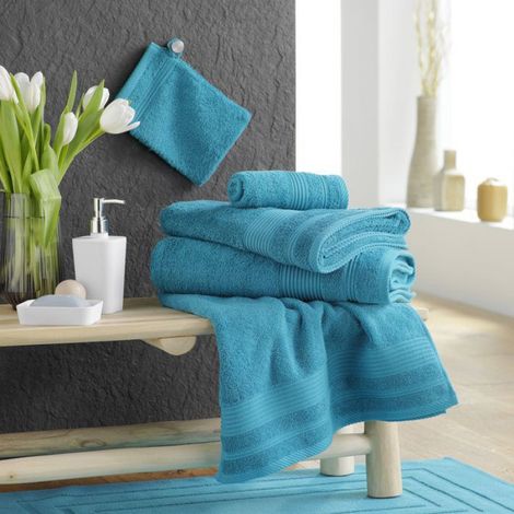 Serviette ou drap de bain en coton 90 x 150 cm Tendresse bleu paon (1/4)