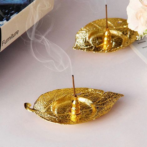Brûleur d'encens pour bâtonnets, récupérateur de cendres en métal en forme de feuille d'or pour la maison. (1/4)