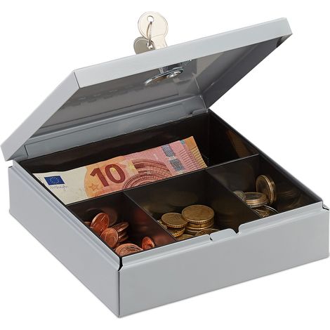Relaxdays Locking Cash Box with Coin Tray, Money Box with 2 Keys, Metal Case, WxD: 17 x 17 cm, Grey