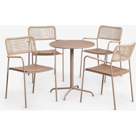 SKLUM Gartentisch-Set rund Ø65 cm und 4 stapelbare Gartenstühle aus Stahl und Akazienholz Tilda Moka Braun (1/5)